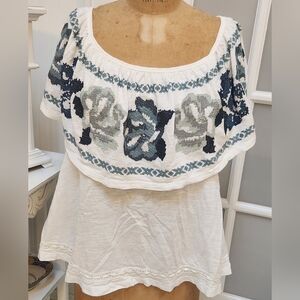FREE PEOPLE Embroidered Short Sleeve Off-the-Shoulder Top EUC